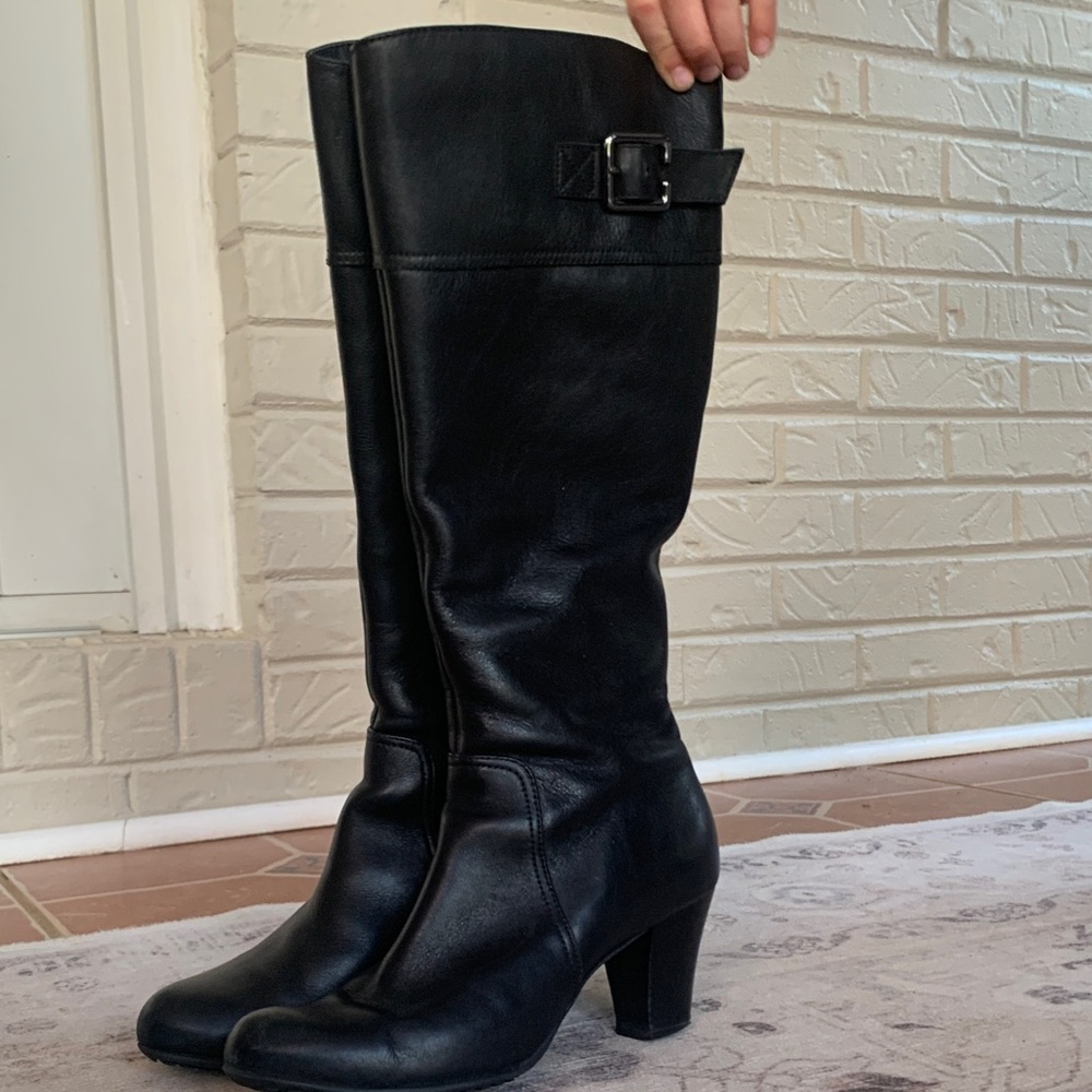 Clarks Black Leather Mid-Calf Heeled Boots with Buckle